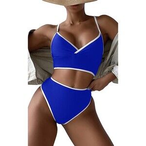 B2prity High Waist Blue & White Contrast Bikini Sz M